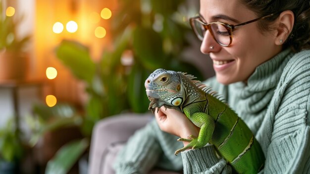 写真 緑のイグアナを抱いた幸せな若い女性が彼女のエキゾチックなペットと一緒に家で時間を楽しんでいます