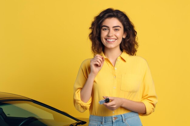 スタジオの肖像画で車の鍵を握っている幸せな若い女性