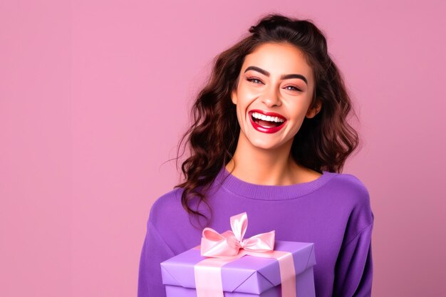 Happy young woman holding gift box over isolated pink background