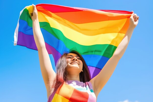 Счастливая молодая женщина с флагом ЛГБТК над головой AI Generative