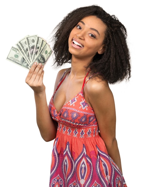 Happy Young Woman Holding Money - Isolated