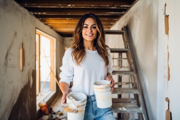 A happy young woman is making repairs in her home Holding cans of paint in his hands