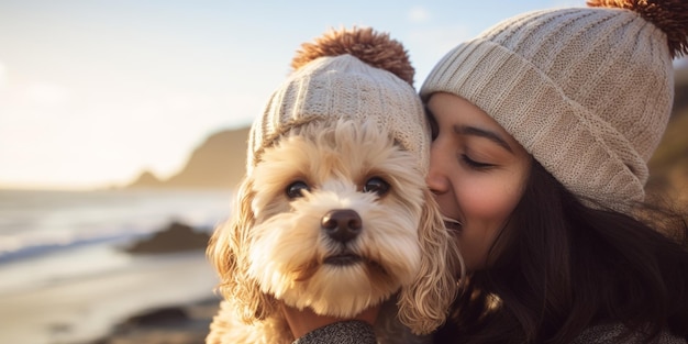 Happy young woman is sitting on the seashore on a sunny day and holding a dog in her arms Generative AI