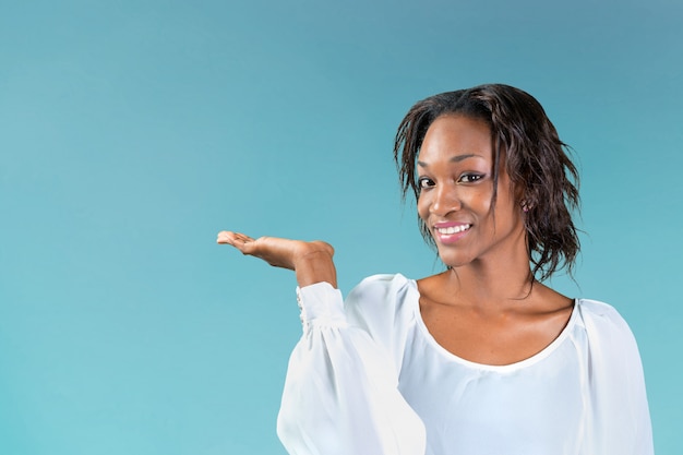 Happy Young Woman Isolated Presenting 