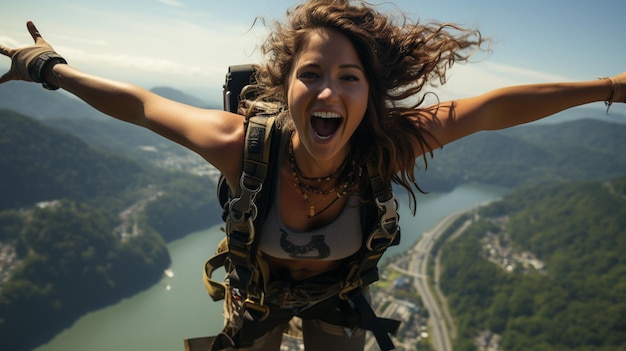 Счастливая молодая женщина прыгает в горы свобода и приключения летние каникулы и путешествия приключения и активный образ жизни концепция активность на открытом воздухе