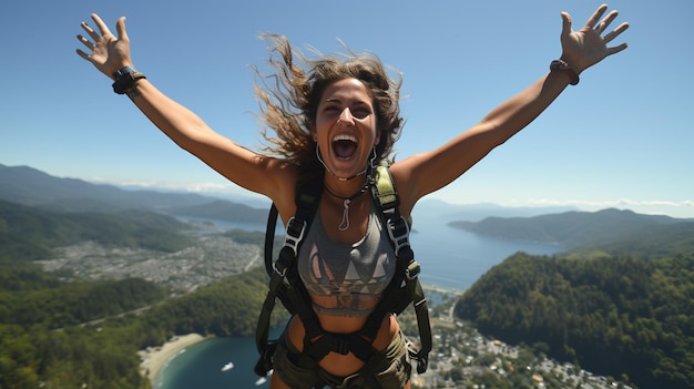 幸せな若い女性 山に飛び込む 自由と冒険 夏休みと旅行 アドベンチャーとアクティブなライフスタイル コンセプト アウトドア活動