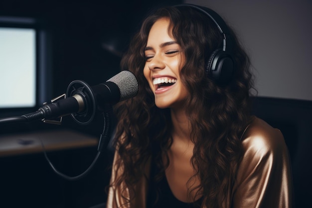 Happy young woman laughing while recording a live radio show in a studio