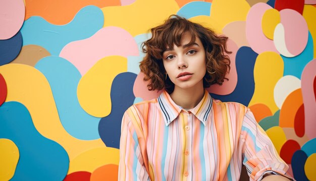 Happy young woman leaning against a colorful wall