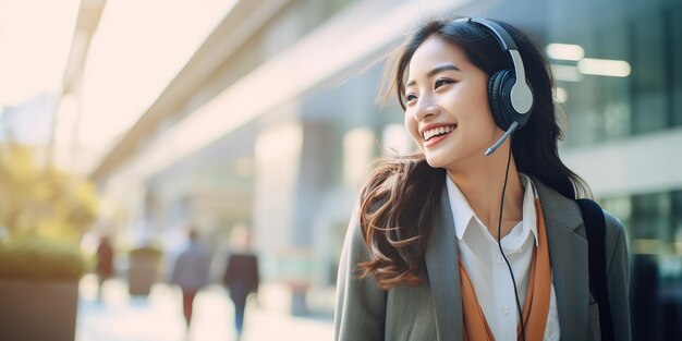 Happy young woman listening to music on headphones in the city