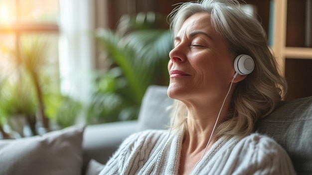 Photo happy young woman listening to the music on headphones while sitting on the sofa at home