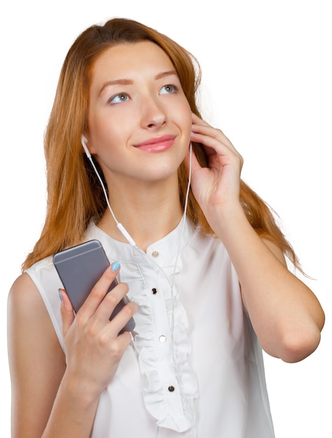 Photo happy young woman listening to music