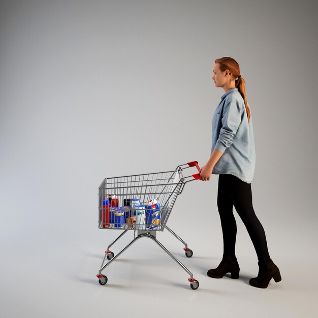 Happy young woman looking at products in grocery store and buying goods in supermarket