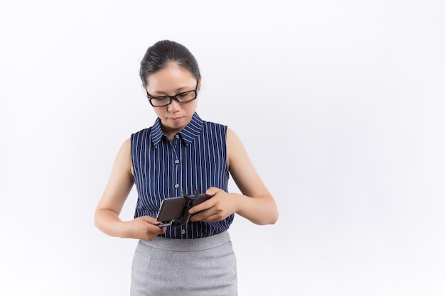 Happy young woman makes selfies with smart phone