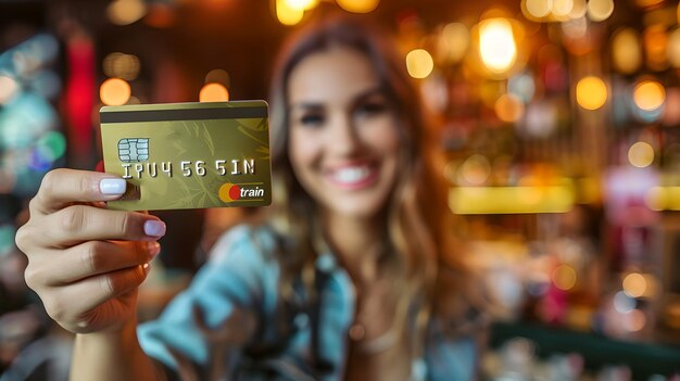 Foto una giovane donna felice presenta una carta di credito in un bar accogliente sorriso candido moderno stile di vita di pagamento concepto sfocato sullo sfondo focus sulla carta di credito ai