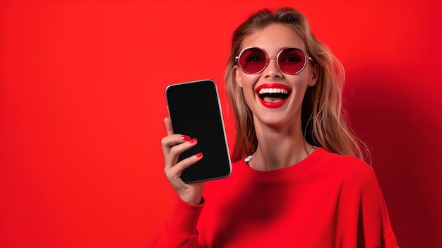 Happy young woman presenting a smartphone on a red background Stylish female model with phone joy in technology introduction Casual and trendy technology user AI