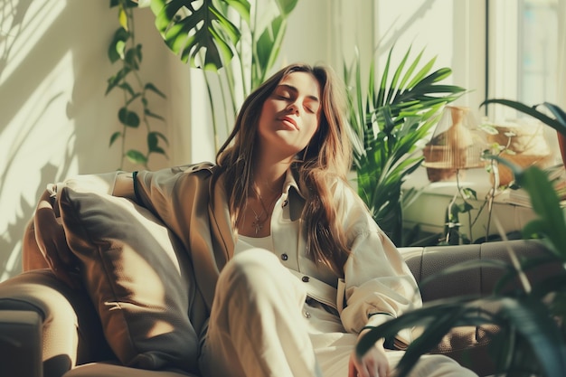 Photo happy young woman relaxing at home sitting on sofa in modern sunny interior with green house plants