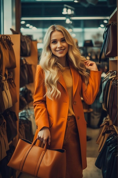 Счастливая молодая женщина делает покупки в магазине одежды, созданном с помощью генеративного ИИ