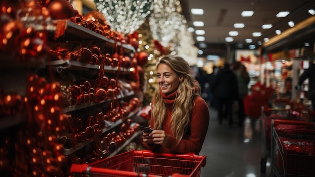 슈퍼마켓 에서 빨간색 크리스마스 장식품 을 구입 하는 행복 한 젊은 여자