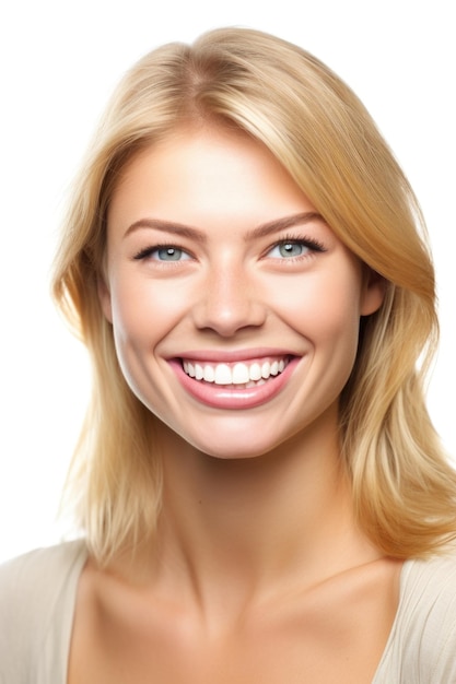 a happy young woman smiling at the camera while isolated on white created with generative ai