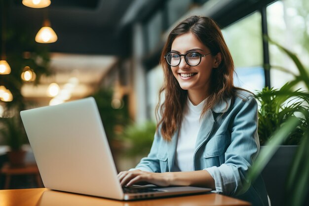 眼鏡をかけて幸せな若い女性の笑顔の女子学生生成 AI