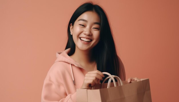 Happy young woman smiling with shopping bag generated by AI