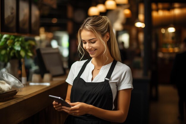 Photo happy young woman standing in her cafe