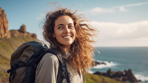 happy young woman standing with backpack on coast sea