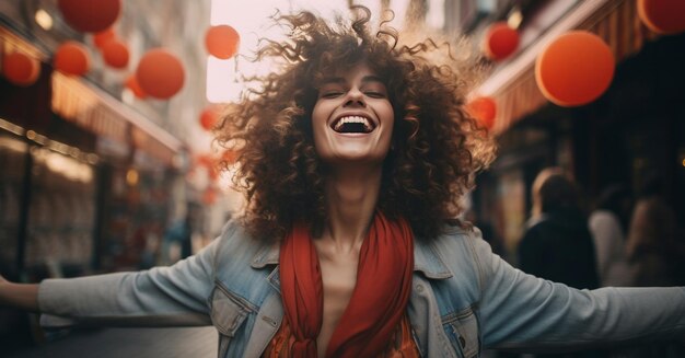 Happy young woman in street laughing with arms up freedom concept