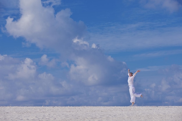 happy young woman on summer vacation on beautiful tropical beach have fun and relax