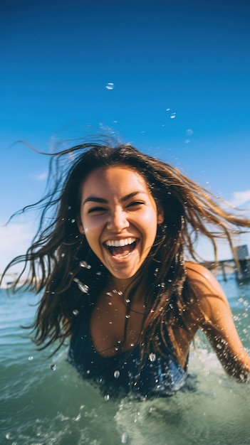 Happy young woman swimming in sea close up portrait
