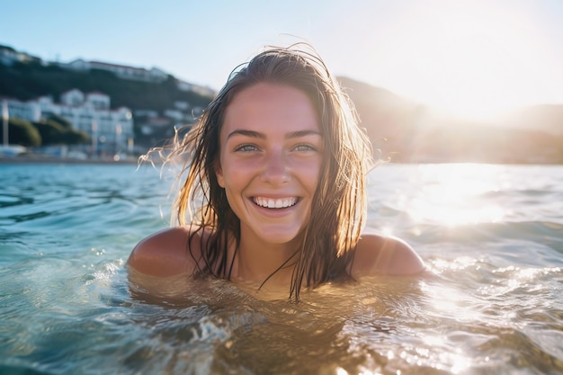 Happy young woman swimming in sea at sunset