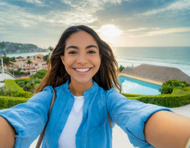 Happy young woman taking selfie smiling brunette cheerful in summer vacation on holiday