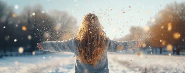 Photo happy young woman throw a snow in winter country view form back or behind