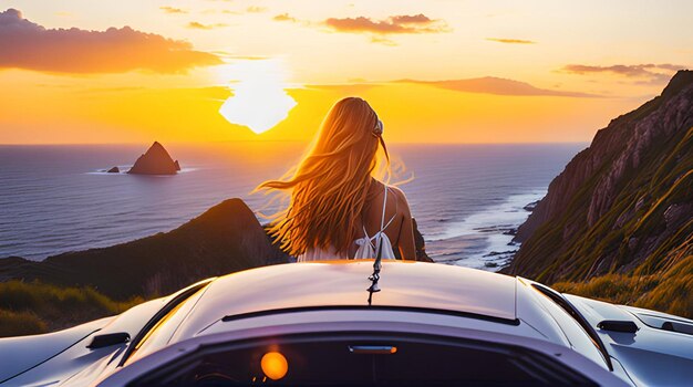 Happy young woman traveling in classic vintage car couple during honeymoon