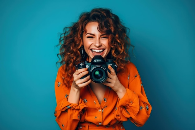 Happy young woman uses photo camera female photographer having fun generative AI