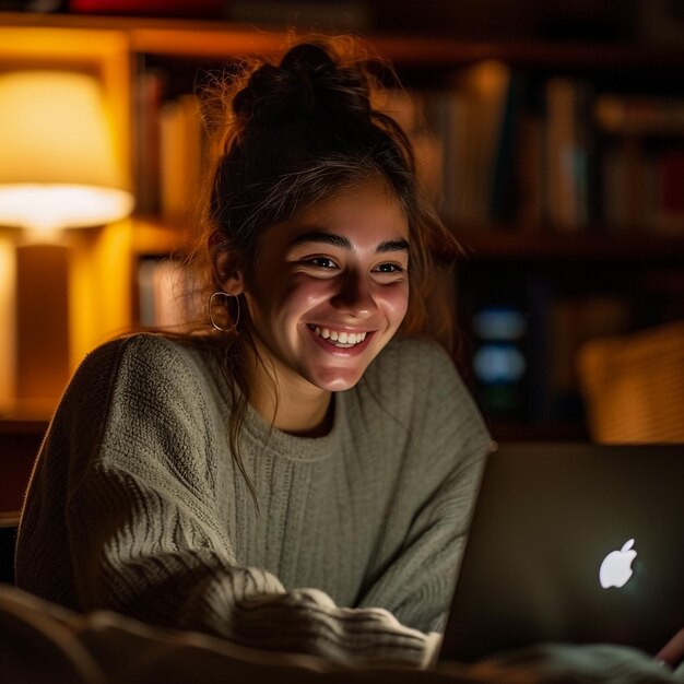 Foto giovane donna felice che usa il portatile, seduta alla scrivania, che scrive appunti mentre guarda webinar, che studia online, che guarda lo schermo del computer, che impara lezioni web o che tiene riunioni virtuali, che lavora da casa.