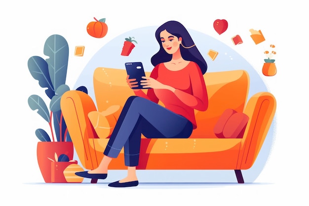 Happy Young Woman Using Smartphone on Couch