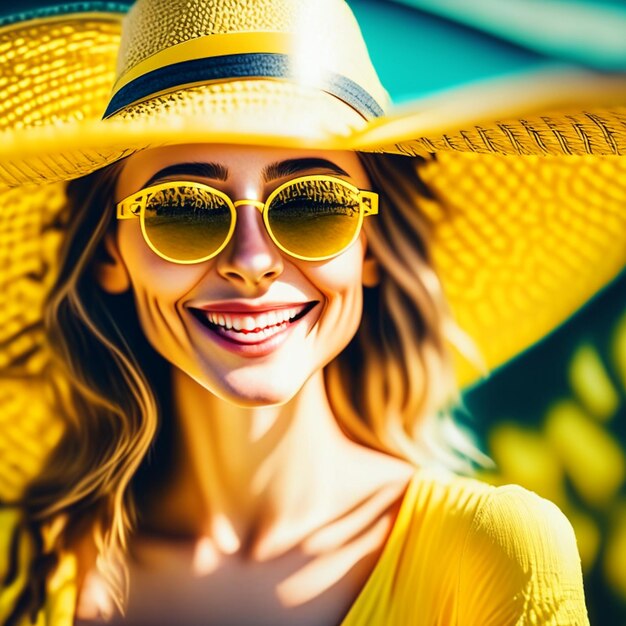 Happy young woman on vacation straw hat and sunglasses