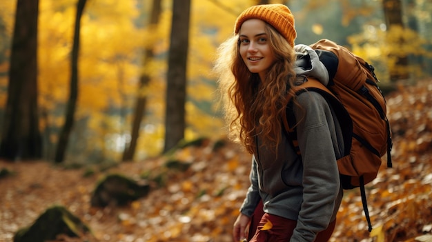 Happy young woman walking in the autumn forest