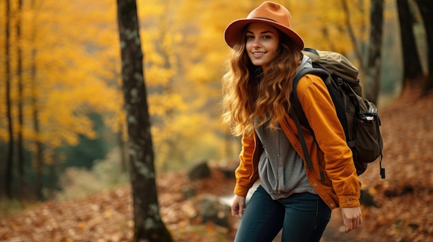 Happy young woman walking in the autumn forest