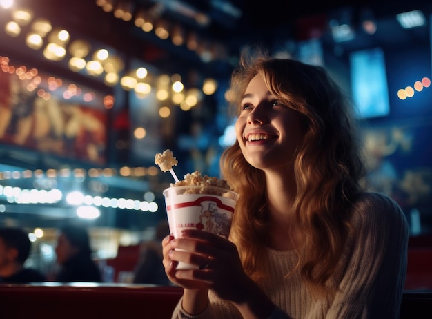 Happy young woman watching movie in her kitchen at home with popcorn