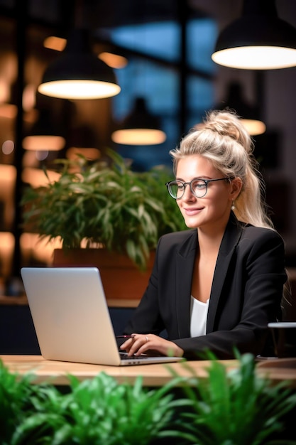 Happy young woman wear black suit uses her laptop at the end of working day