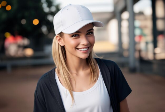 Фото Счастливая молодая женщина в пустой белой бейсбольной шапке на улице