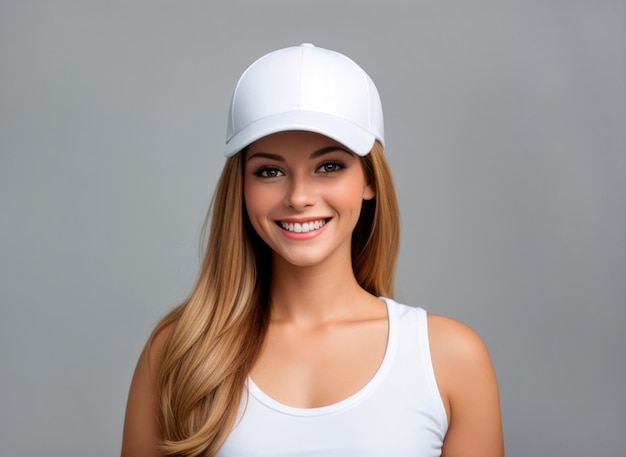 Photo happy young woman wearing a blank white baseball cap isolated on gray background ai generative