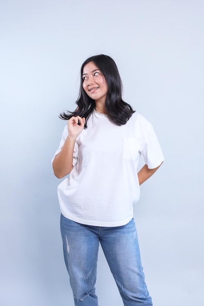 Happy Young Woman Wearing Casual White TShirt for Fashion Mockup