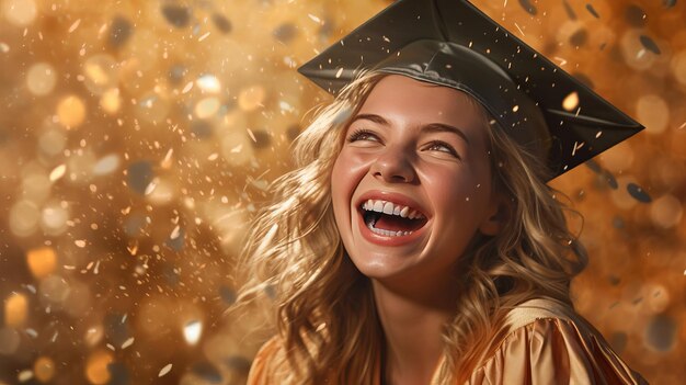 Foto una giovane donna felice che indossa il cappello e l'abito di laurea una giovane ragazza sorridente raggi di felicità