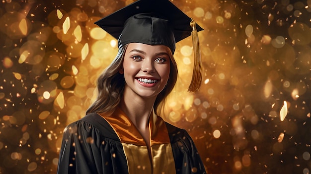 Happy young woman wearing graduation cap and gown smiling young girl beams with happiness