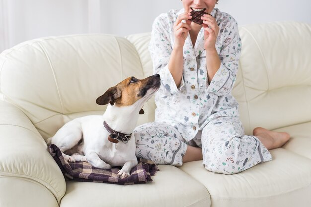 Photo happy young woman wearing pajama with lovely dog in living room with christmas tree. holidays concept.