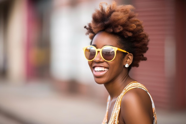 A happy young woman wearing stylish sunglasses created with generative ai