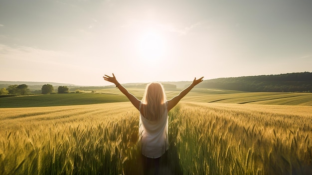 Happy young woman in wheat field at sunset Freedom and happiness concept Generative AI